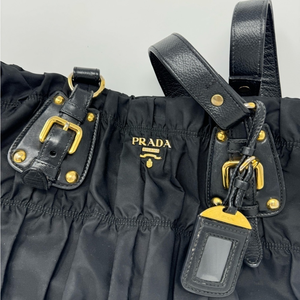 Prada Tessuto Gaufre Nylon Black Satchel Bag – Pleated, Leather Trim - Picture 5 of 13